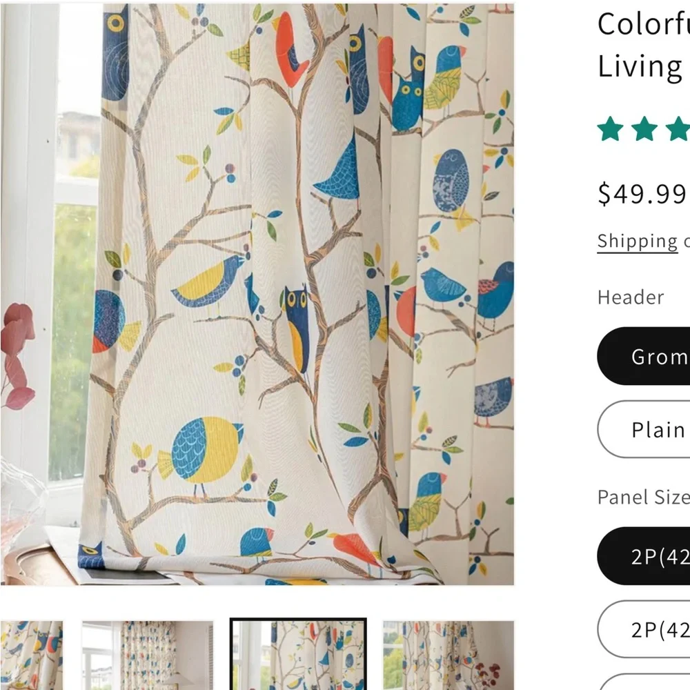 Birds and Branches 4 curtain valance panels 56” wide by 26” long. Tab top.